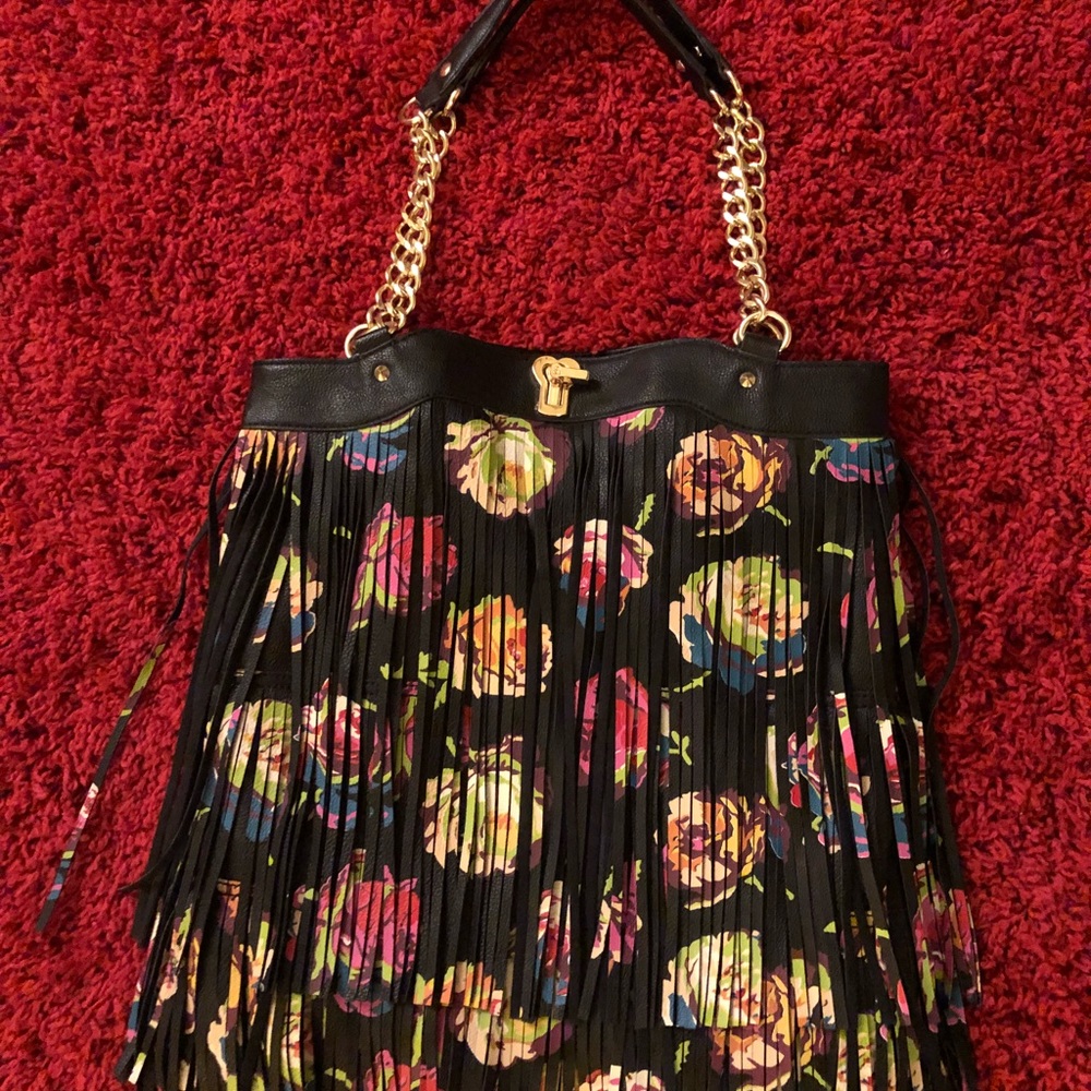 NTW Betsy Johnson Fringy Floral Black Tote